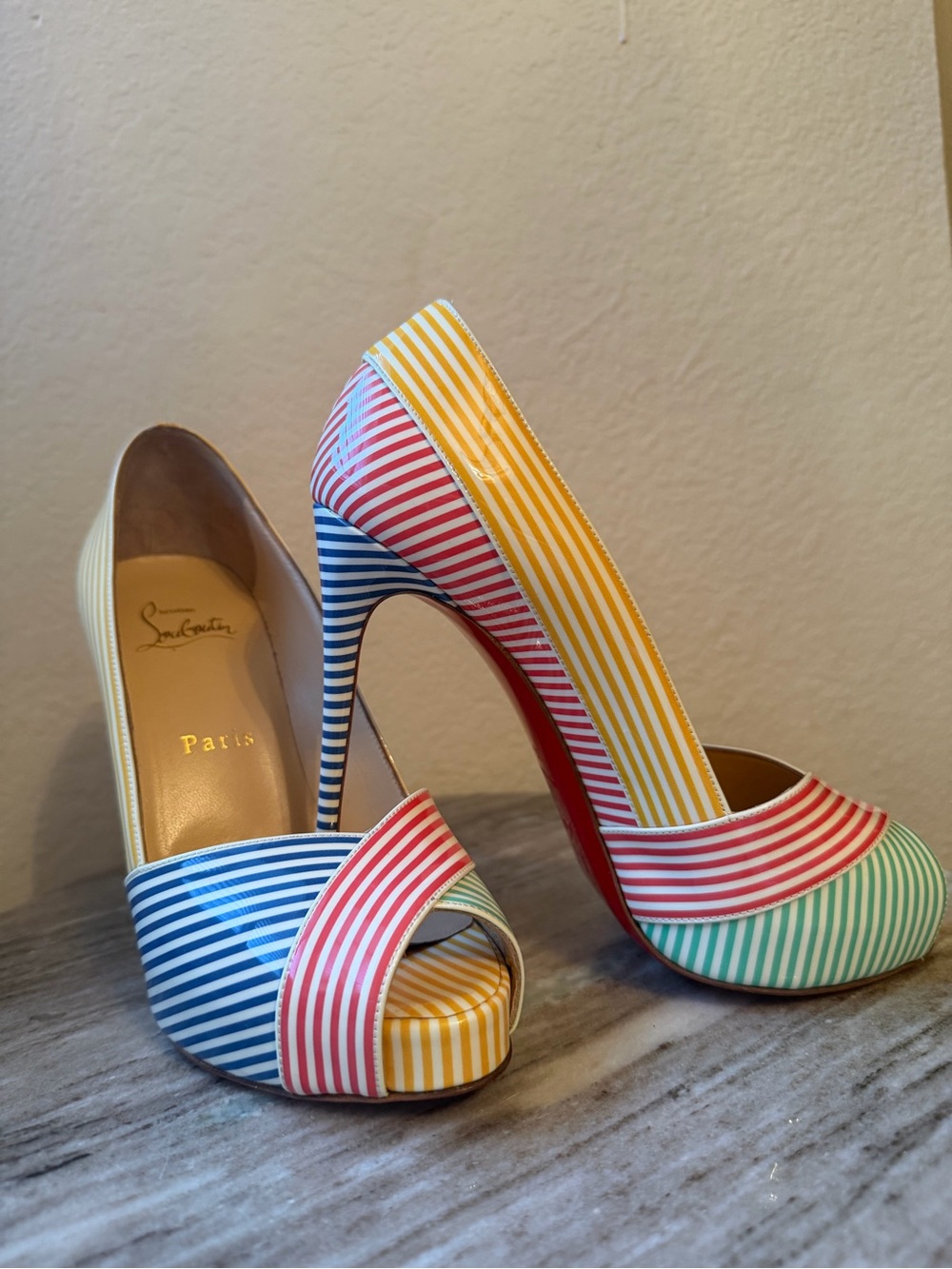 Christian Louboutin Striped Multicolor Peep-Toe Pumps
